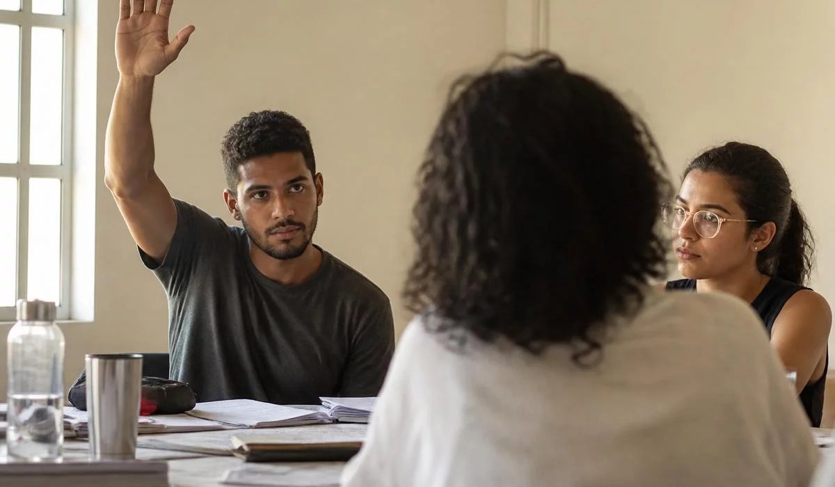 Duas pessoas preparando a próxima rodada com caderno e marca-texto na mão