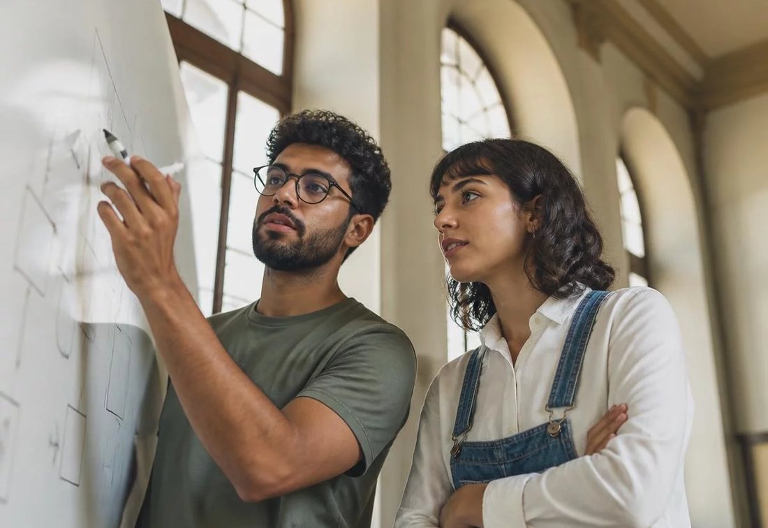 Dupla desenhando no quadro branco a estrutura de uma tese